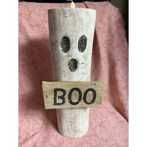 Handmade Wood Log Ghost Tealight Candle Holder  - "Boo" Fun Halloween Decor